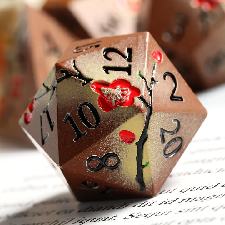 Metal Dice Set DND,  7 PCS Metallic Flowers D&D Dice with Gorgeous Gift Case for D&D Dungeons and Dragon Tabletop Game (Brown and Cream-Coloured)