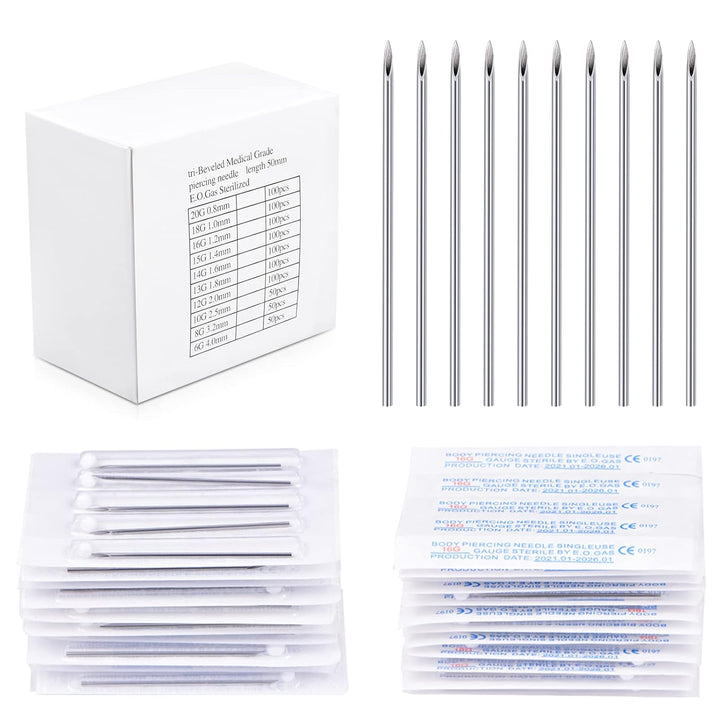 50PCS Mixed Body Piercing Needles, 12G 14G 16G 18G 20G Disposable Sterile Stainless Steel Piercing Needles for Ear Nose Navel Belly Nipple Tongue Lip Piercing