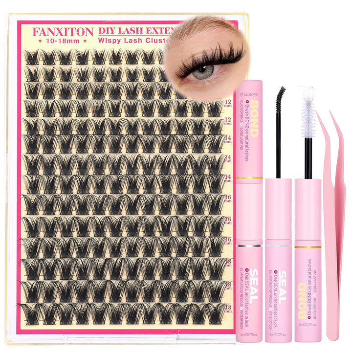 DIY Lash Extension Kit Volume Lash Clusters 40D+50D D Curvature Individual Lashes Lash Clusters Kit Thick Eyelash Extension Kit 280 Pcs Thin Band Cluster Lashes Lash Bond and Seal Tweezers