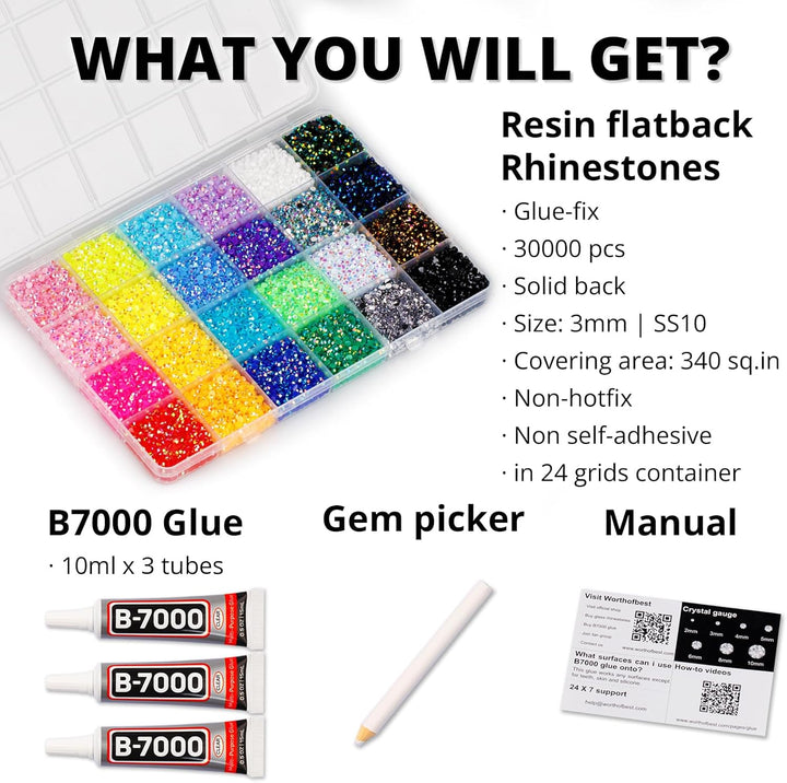 30000Pcs Resin Jelly Rhinestones for Crafting Bedazzling, Multicolor 3Mm Flatback Gems for Crafts Clothing Clothes Tumblers Shoes Nails, Flat Back Mixed Color Bulk Bedazzler Kit Jewels with B7000 Glue