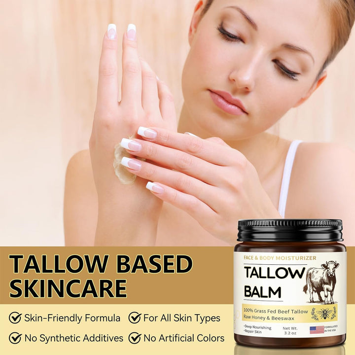 Beef Tallow for Skin, Organic Whipped Tallow and Honey Balm, Grass Fed Beef Tallow Face Moisturizer, Natural Tallow Skin Care Cream Body Butter, Nourish and Soothe Dry Skin