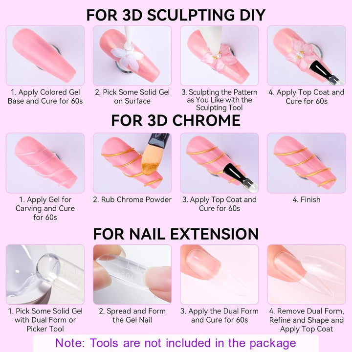 3D Gel Nail Art: Clear Solid Builder Nail Gel 4 in 1 Non-Sticky for Extension UV Glue for Acrylic Nails Rhinestones 3D Sculpting Hard Gels UV/LED Lamp Required 15Ml