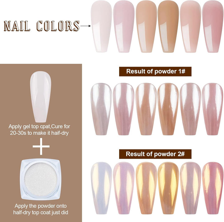 2 Jars Chrome Nail Powder White and Gold Pearl,Iridescent Aurora Powder Metallic Mirror Effect Pigment Pearlescent Mermaid Pearl Glitter Dust Kit (White and Gold)