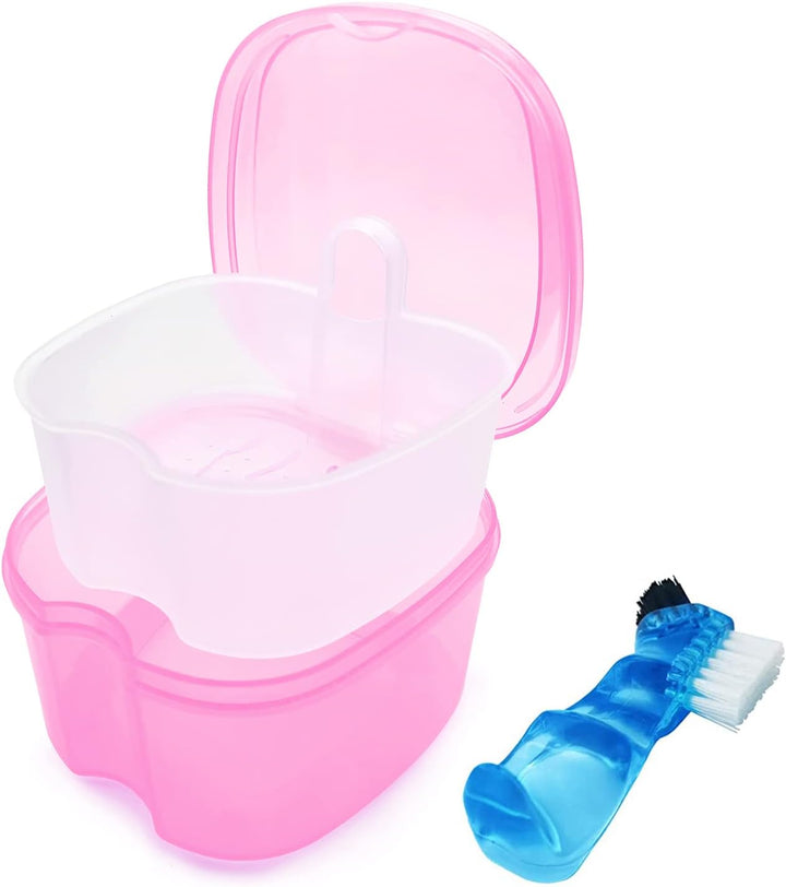 Black Denture Soaking Container Partial Denture Case, Orthodontic Retainer Cleaning Case Denture Cleaner Container Dentures Teeth Cup with Strainer and Lid Waterproof