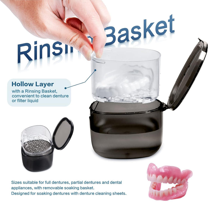 Upgraded Denture Bath Box Cup, No-Leak Denture Case,Retainer Cleaning Box, Complete Clean Care for Dentures, Clear Braces, Mouth Guard, Night Guard & Retainers (Transparent Grey)