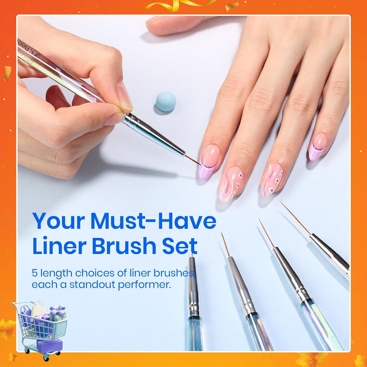 Beetles Nail Art Pens Brushes, 5Pcs Nail Art Liner Brushes Set Painting Nail Dotting Drawing Tool for Long Lines, Details, Fine Drawing Sizes 7/11/15/20/25Mm Gift for Women
