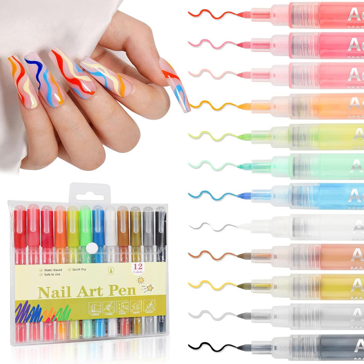 12 Colors Nail Art Pens Set, 3D 0.7MM Nail Polish Pens Quick-Drying Nail Art Acrylic Paint Nail Point Dotting Liner Pen Tools for Home & Salon Nail DIY