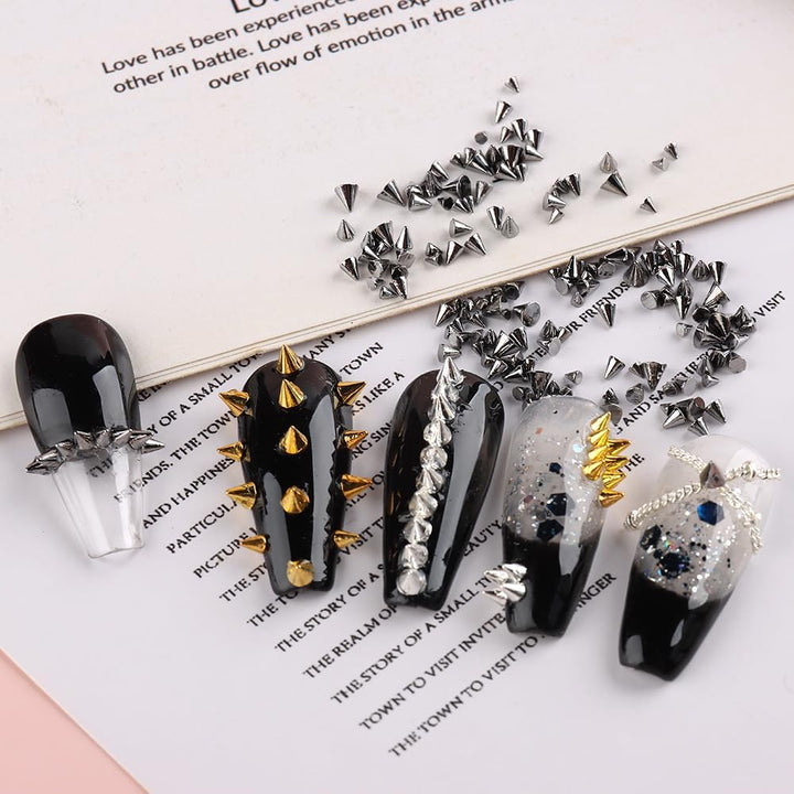 3D Mini Metal Punk Nail Art Studs Mixed Sizes Gold Black Cone Spikes Alloy Nail Rivets Jewelry for Women Goth Nail Art Charms Nails Accessories DIY Crafts Decorations