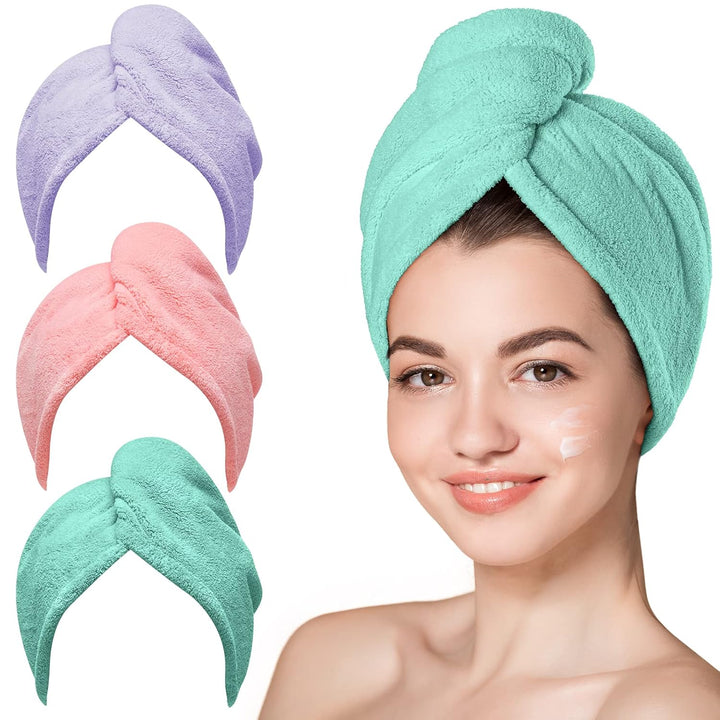 Microfiber Hair Towel,Turbans for Drying Wet Hair, anti Frizz Hair Wrap Towels for Curly Hair Women (Blue,Grey,Pink) , 3 Packs