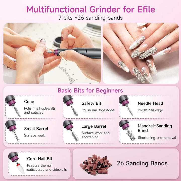 Electric Nail Drill Professional, Portable Nail File for Acrylic Gel Nails, Cordless Rechargeable Ultra Power Nail Drill Kit 40000RPM, HMC320 Salon-Grade Efile Nail Machine (Dark Grey)