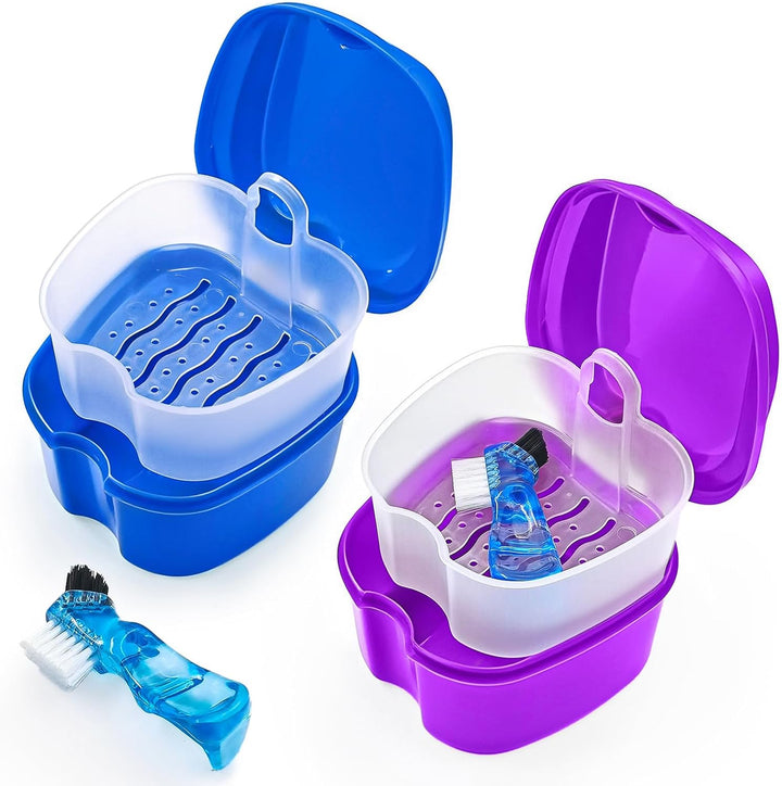 Black Denture Soaking Container Partial Denture Case, Orthodontic Retainer Cleaning Case Denture Cleaner Container Dentures Teeth Cup with Strainer and Lid Waterproof