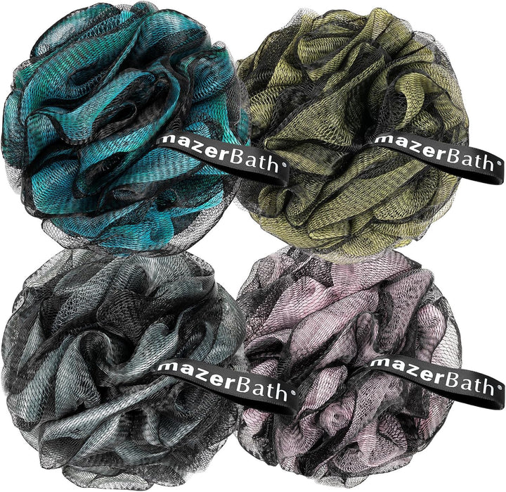 Charcoal Loofah Sponge, Shower Loofah 60G/Pcs - Body Scrubber Loofa Set of 4 - Charcoal Blue, Green, Purple & Red, Bath Sponge for Men and Women