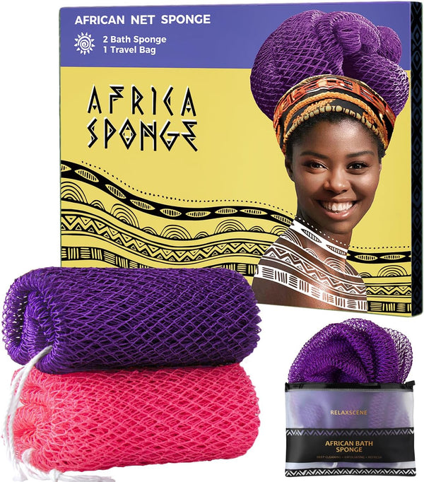African Net Sponge Authentic - 2 Pieces Loofah Exfoliating Body Scrubber Bath Sponge - Back Scrubber Washcloth for Shower - Real African Scrub Exfoliator Body Care Bathing Accessories for Women