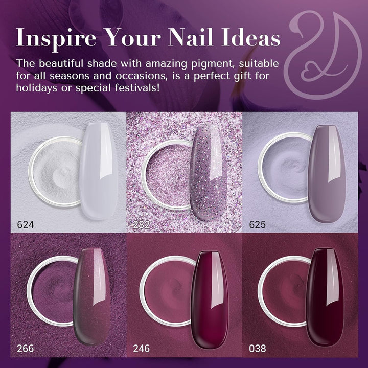 Dip Powder Nail Set, 6 Colors Fall Winter Purple Rose Red Glitter Natural Dipping Powder Starter Kit, French Nail Art Manicure DIY Salon, No Need Nail Lamp Cured