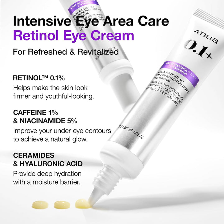 Retinol 0.1 Caffeine Revitalizing Eye Cream, under Eye Cream for Hydration, Glow up Eye Contour, Niacinamide, Retinol for Face, Night Cream for Eye Care, Korean Skin Care (30G/1.05Oz)