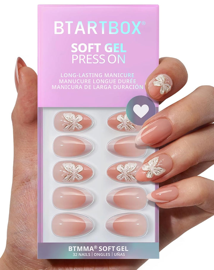 White Press on Nails Short - Soft Gel Press on Nails Almond, White Glue on Nails with Nail Glue, Reusable Stick on Nails in 16 Sizes, Cream Puff