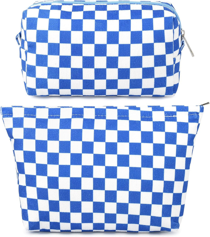 2 Pieces Makeup Bag Large Checkered Cosmetic Bag Capacity Canvas Mix Travel Toiletry Bag Organizer Cute Makeup Brushes Aesthetic Accessories Storage Bag for Women, Checkered Mix Rose Red