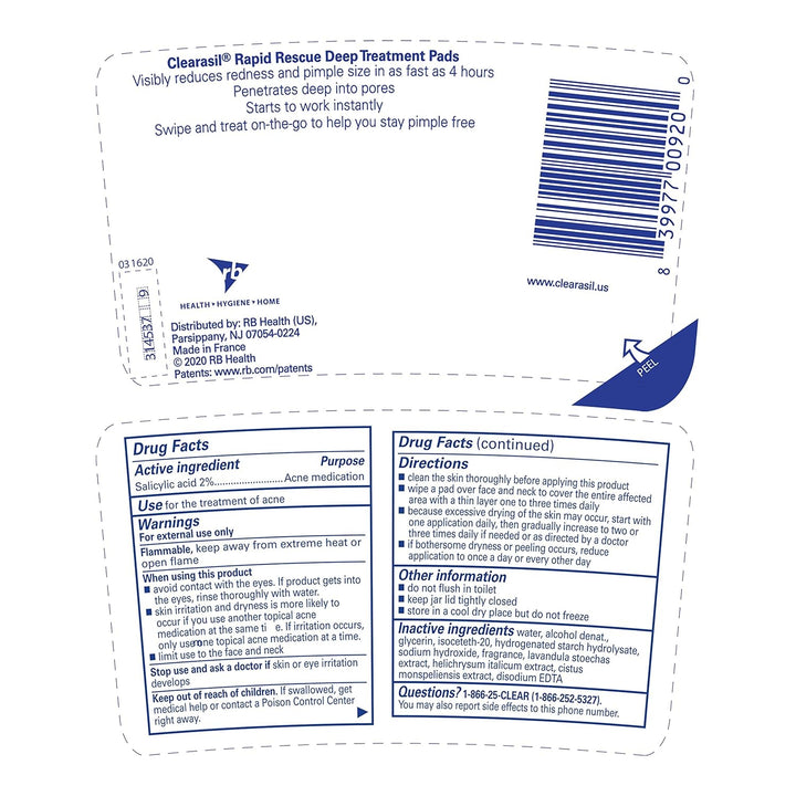 Rapid Rescue Deep Treatment Acne Face Pads, Maximum Strenght with 2% Salicylic Acid Acne Treatment Medicine, 90 Count