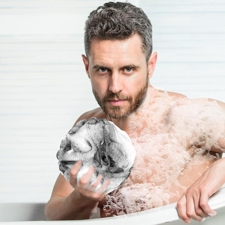 Bath Loofah Shower Sponge Body Back Scrubber Soft Mesh Shower Puffs Exfoliating Loofa for Women & Men Bath Accessories Cleaning Tool (Pack of 4 60G Loofah, Dark Elf)