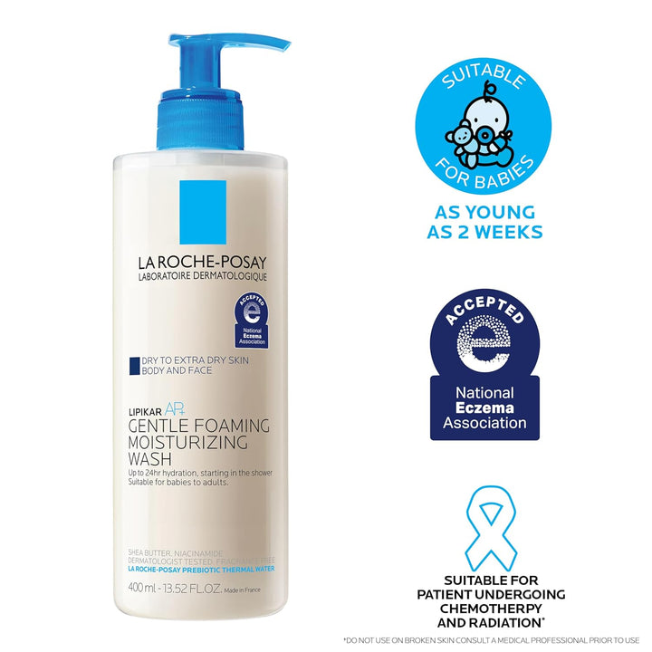 Lipikar AP+ Gentle Foaming Moisturizing Wash, Shea Butter + Niacinamide + Glycerin, Moisturizing Body Wash for Dry Skin, National Eczema Association Accepted, Dermatologist Tested​