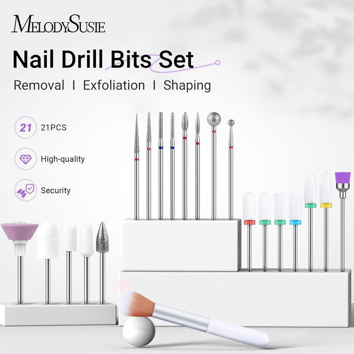 21Pcs Nail Drill Bit Set, Professional 3/32'' Ceramic Diamond Carbide Acrylic Gel Nail Art Tool Kit, Cuticle Remover Bit for Acrylic Gel Dip Powder, Nail Manicure Pedicure, Salon Home