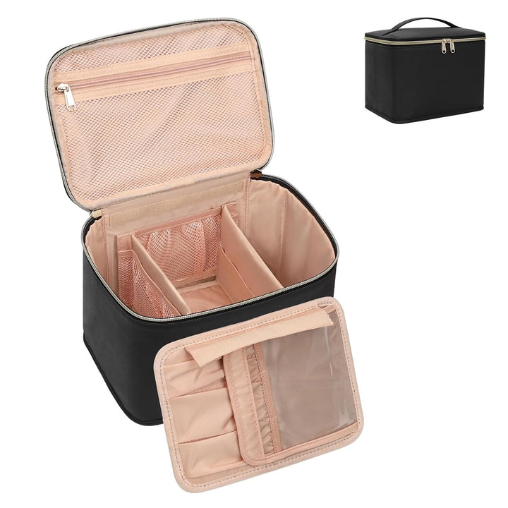 Makeup Bag, Portable Cosmetic Bag, Large Capacity Travel Makeup Case Organizer, Black for Women Toiletry Bag for Girls Traveling with Handle and Divider