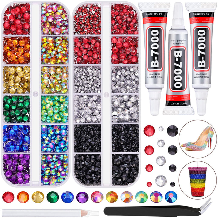 6100Pcs Resin Rhinestones for Crafting with 2Pcs 10Ml B7000 Jewelry Glue, 1 Box Flatback Crystals Diamond (Clear) for Bedazzling Crafts DIY Nail Art Non Hotfix Gems for Clothing Shoes Tumblers