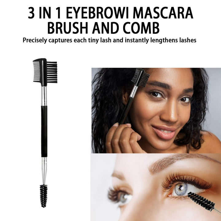 2PCS Eyebrow Eyelash Brush 3 Head Eyelash Comb Double Head Brush Makeup Grooming Tool Cosmetic (Black)