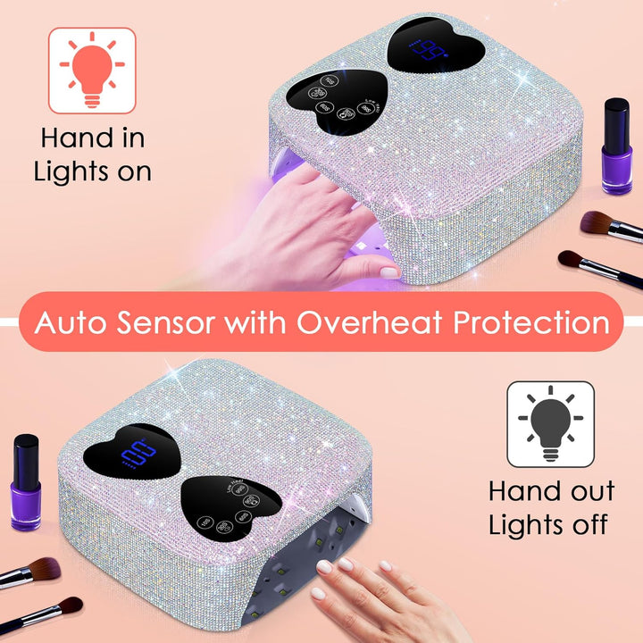 UV LED Nail Lamp Cordless,  80W Rechargeable UV Light for Gel Nails, Professional Gel Light Dryer with 5 Timers & Mirror Base, Sparkling Rhinestones Diamond Curing Lamp for Salon & Home