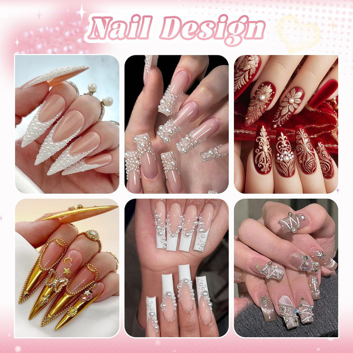 2 Boxes Flatback Pearls (White+Beige) and Metal Nail Beads (Silver+Gold) for Nail Art, Luxurious Pearl Nail Charms and Gems and Small round Caviar Beads Nail Accessories for Acrylic Nail Tips Manicure