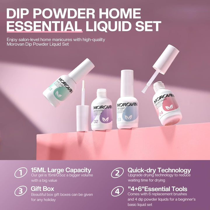 Dip Powder Liquid Set with Activator Base Top Coat and Dipping Powder Brush Saver 4Pcs 0.5Oz for Dip Nail Kit