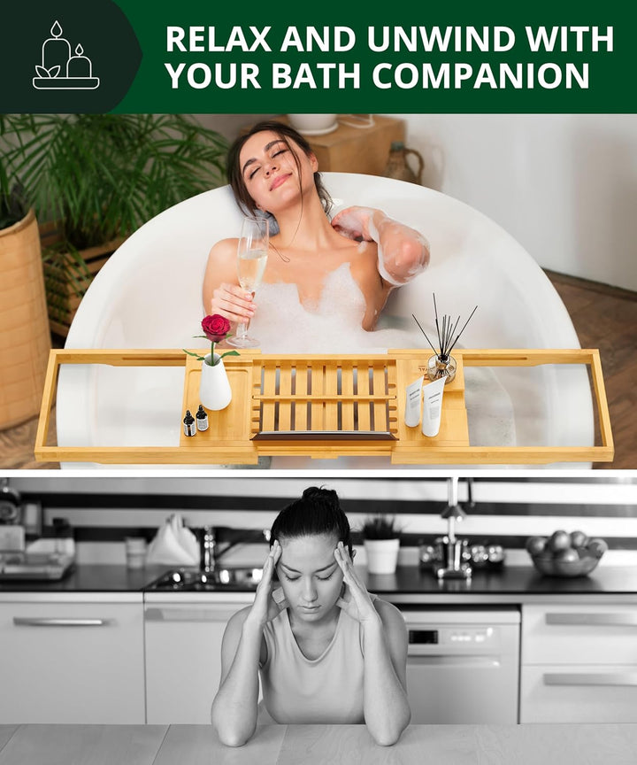 Premium Foldable Bathtub Tray Caddy - Wood Bath Tray for Tub, Bamboo Shelf, Expandable Bath Table Trays, Bathtub & Bathroom Accessories for New Home & Mothers, Birthday Gifts for Mom