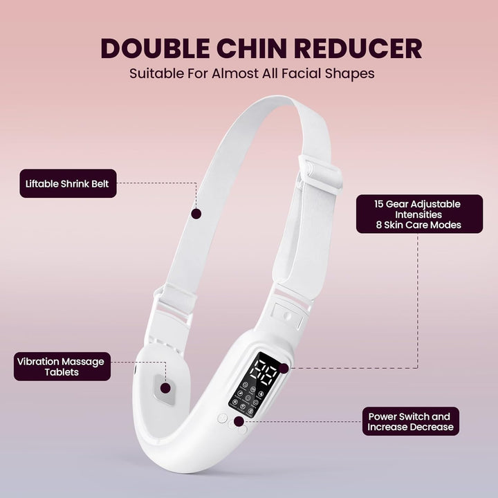 Electric Double Chin Device and V-Face Machine with 8 Modes and 15 Gear Adjustable Intensities - Intelligent Double Chin Machine for V-Face - White