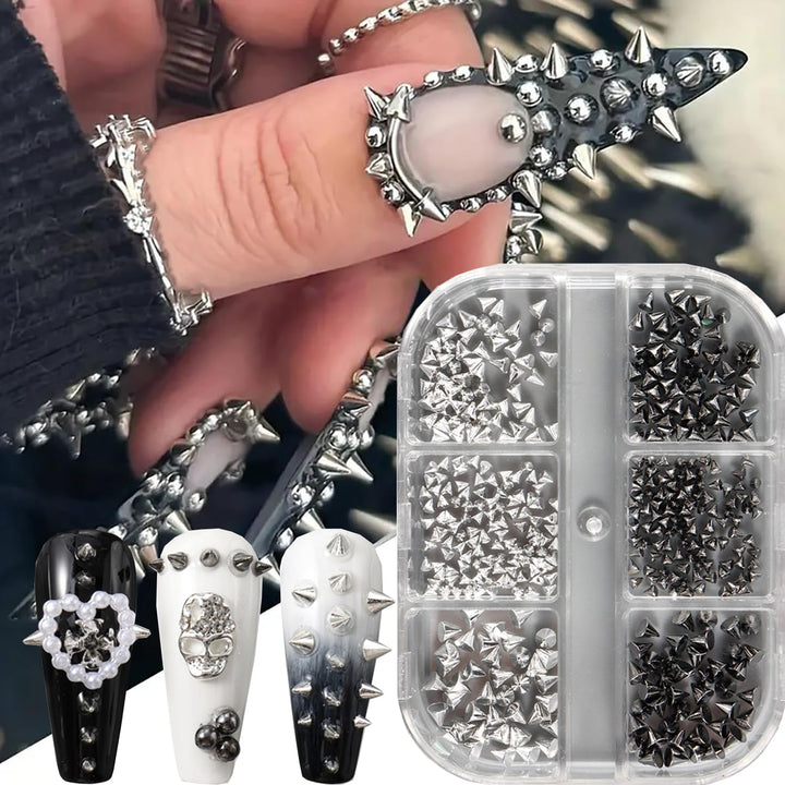 6 Grids Punk Bullet Rivet Nail Charm,3D Alloy Flat Bottomed Pointed Cone Mixed Black Silver Nail Art Rhinestones Studs DIY Crafts Nail Art Charm Spike Nails for Women DIY Nail Decoration Accessories