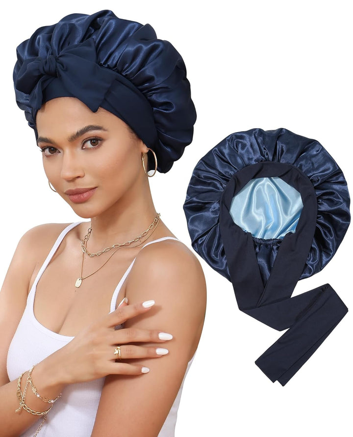 Satin Bonnet for Sleeping Cap Double Layer Hair Bonnet with Elastic Tie Band for Curly Hair Night Cap (Bean Paste + Pink)