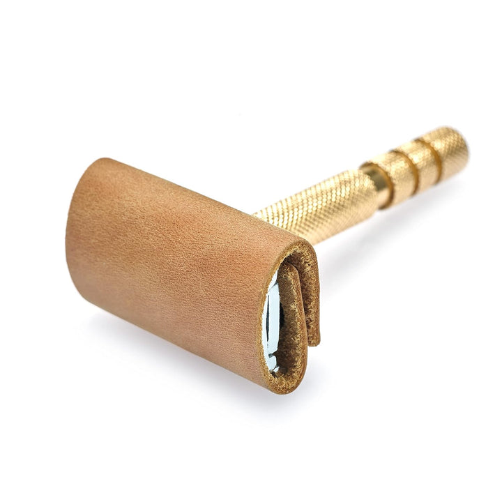 Safety Razor Head Protecting Leather Cover, Genuine Cowhide Leather Double Edge Safety Razor Case Accessories for Travel, Butterfly Razor Case (Cognac)