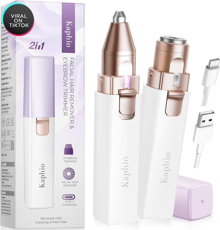 Eyebrow Facial Hair Remover for Women: Rechargeable 2 in 1 Face Shavers and Eyebrow Trimmer - Painless Electric Hair Removal Device for Face Eyebrows Lips Peach Fuzz with Light