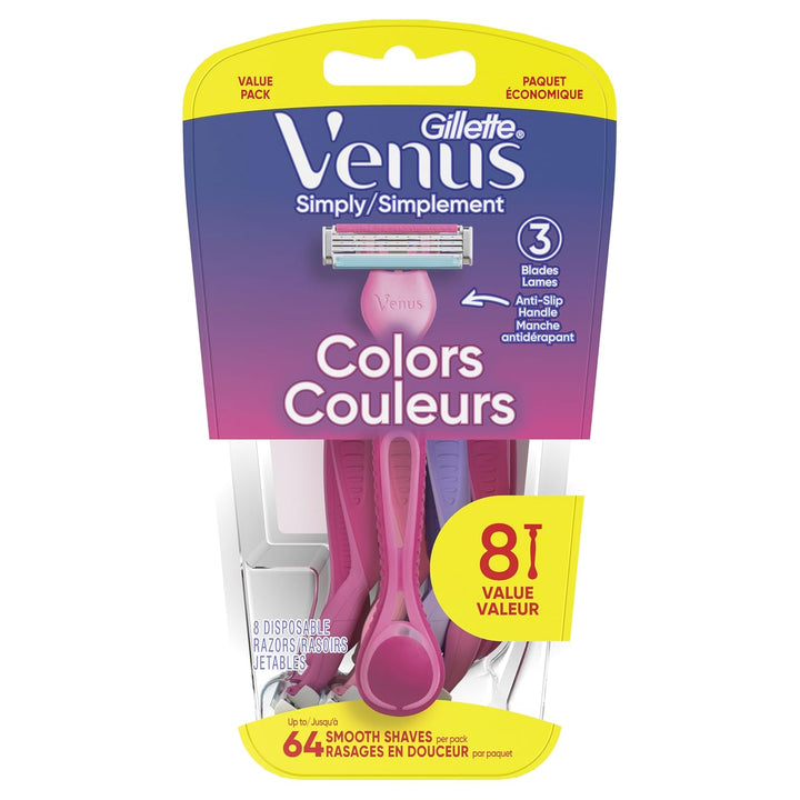 Venus Simply3 Disposable Razors for Women, 8 Count, Designed for a Close and Comfortable Shave