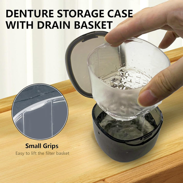 Denture Case Partial Denture Cups for Soaking Dentures, No-Leak Denture Soaking Container Retainer Cleaning Case with Brush for Household|Travel|Office - Transparent Black