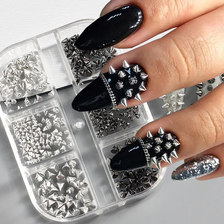 6 Grids Punk Bullet Rivet Nail Charm,3D Alloy Flat Bottomed Pointed Cone Mixed Black Silver Nail Art Rhinestones Studs DIY Crafts Nail Art Charm Spike Nails for Women DIY Nail Decoration Accessories