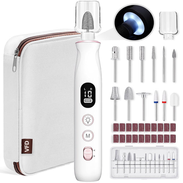 Electric Nail Drill, Cordless 2000 Mah Rechargeable Portable Nail File 12 in 1 Kit for Thick Toenails, 10 Speeds Nail Dril Machine Professional Manicure Pedicure for Hand Natural Nails Care (White)