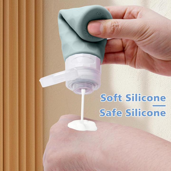 Travel Bottles for Toiletries, 4Pcs Tsa Approved 3Oz Travel Size Containers, BPA Free Leak Proof Premium Silicone Bottles, Refillable Liquid Squeezable Accessories W/Toiletry Bag