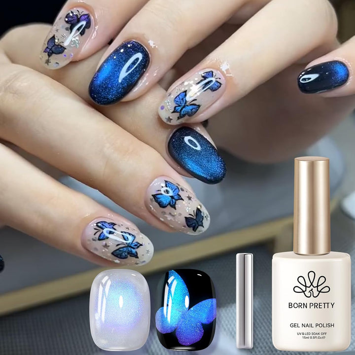 9D Cat Magnetic Eye Gel Nail Polish Holographic Rainbow Gel Polish Blue Purple Soak off U V LED Gel Polish Nail Art Design Manicure Salon DIY Home 15ML