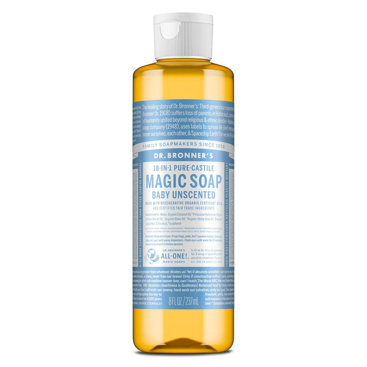 Pure-Castile Magic Liquid Soap - Made with Regenerative Organic Certified Oils - 18-In-1 Uses for Face, Body, Hand Gentle on Baby & Sensitive Skin Body Wash Unscented,32Oz
