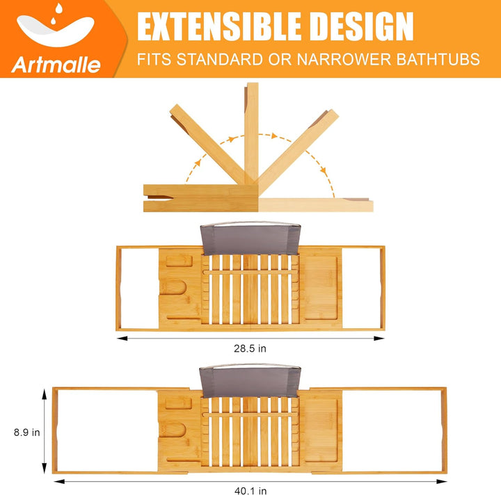 Luxury Bathtub Caddy Tray for Tub - Foldable Bamboo Bath Table Tray with Book and Wine Glass Holder, Expandable Bathroom Accessories for Spa or Reading Lite Style