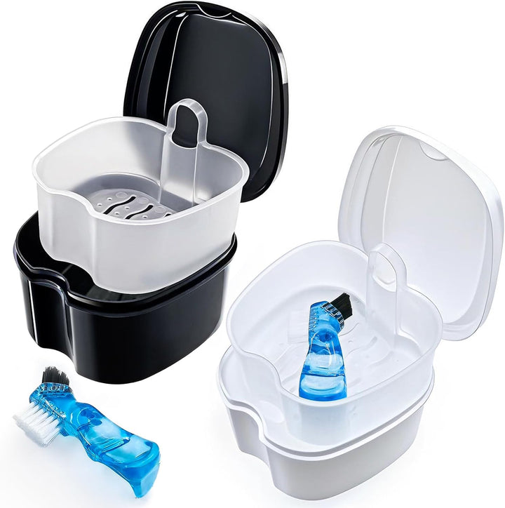 Black Denture Soaking Container Partial Denture Case, Orthodontic Retainer Cleaning Case Denture Cleaner Container Dentures Teeth Cup with Strainer and Lid Waterproof