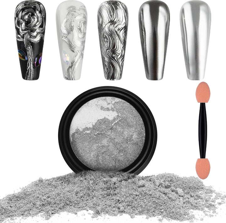 2 Jars Chrome Nail Powder White and Gold Pearl,Iridescent Aurora Powder Metallic Mirror Effect Pigment Pearlescent Mermaid Pearl Glitter Dust Kit (White and Gold)