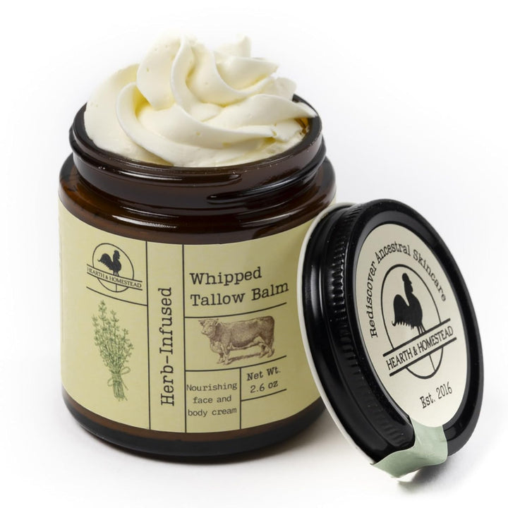 : Handmade Whipped Tallow Balm (Unscented/Herb-Infused) - Organic Body Butter with Infused Olive Oil, for Eczema, Rosacea, Baby - 1.3 Oz