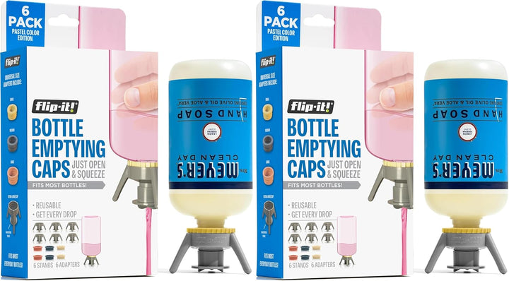 2-Pack Premium Bottle Emptying Kit – No More Wasted Product - Fits Most Plastic Bottles – Get Out Every Drop of Shampoos, Lotions, & More – 2 Base Caps, 6 Adapters – Pastel Color Edition