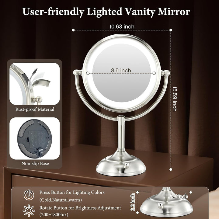 Professional 8.5" Large Lighted Makeup Mirror with Brighter Lights, 1X/10X True HD Magnifying Mirror with 3 Color Dimmable Lights, 90 Shadowless Leds, 360°Swivel Seamless Vanity Mirror, Pearl Nickel